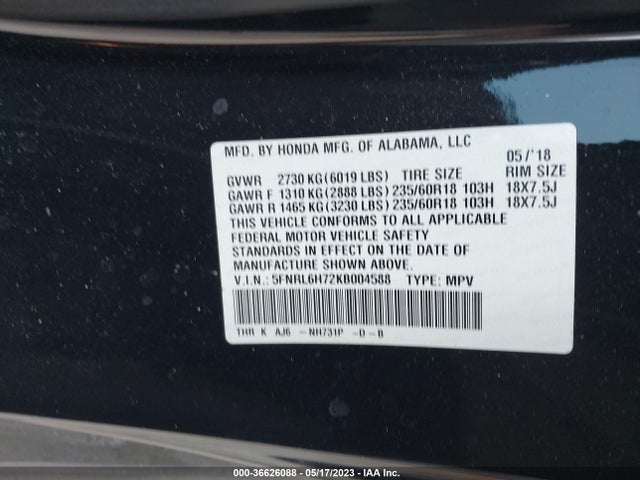2019 HONDA ODYSSEY EX-L VIN: 5FNRL6H72KB004588
