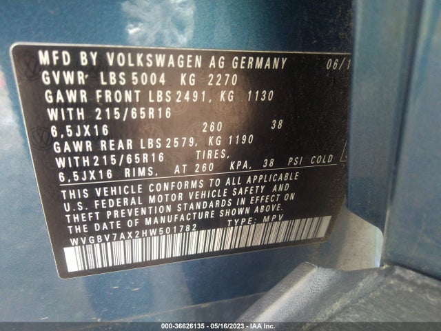 WVGBV7AX2HW501782 Volkswagen TIGUAN S
