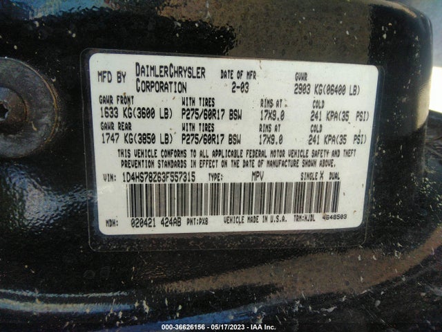 2003 DODGE DURANGO R/T VIN: 1D4HS78Z63F557315