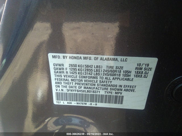 Honda Pilot Ex-l 2020 5FNYF6H5XLB018371 Image 9