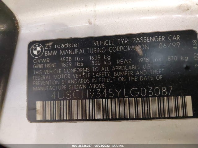 2000 BMW Z3 2.5L VIN: 4USCH9345YLG03087