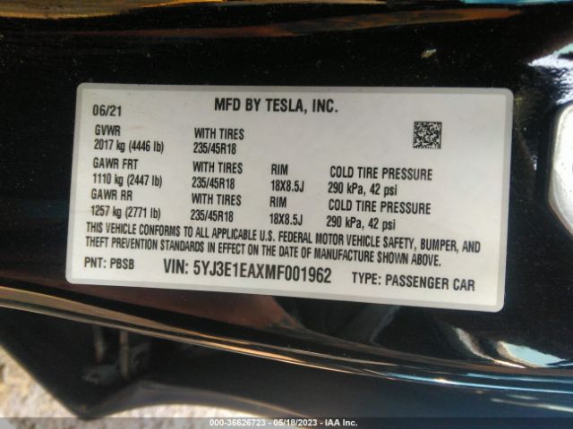 5YJ3E1EAXMF001962 Tesla Model 3 Standard Range Plus