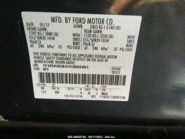 1FM5K8D8XHGB85493 Ford EXPLORER XLT