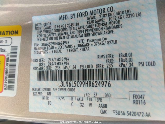 3LN6L5C99HR624976 Lincoln MKZ SELECT