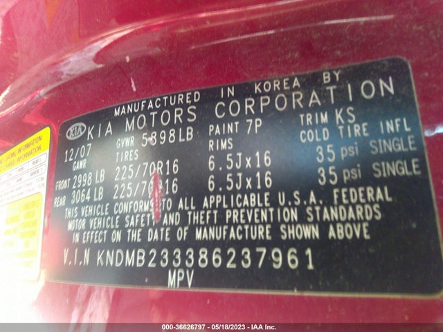 2008 KIA SEDONA LX VIN: KNDMB233386237961