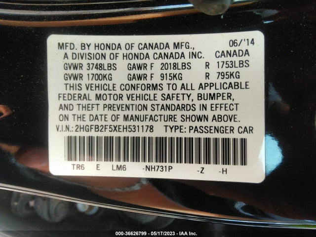 Honda Civic Sedan Lx 2014 2HGFB2F5XEH531178 Image 9