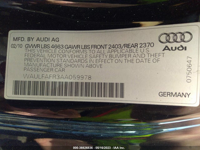 2010 AUDI A5 2.0L PREMIUM PLUS VIN: WAULFAFR3AA059978