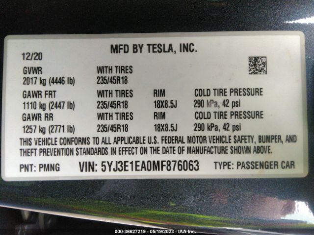 5YJ3E1EA0MF876063 Tesla Model 3 Standard Range Plus