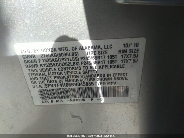 2011 HONDA PILOT EX-L VIN: 5FNYF4H66BB045885