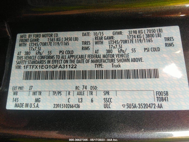 Ford F-150 Xlt/xl/lariat 2016 1FTFX1EG1GFA31122 Image 10