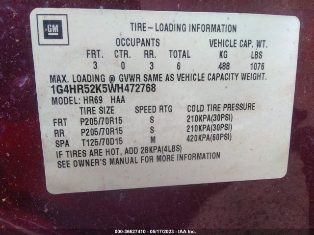 1998 BUICK LESABRE LIMITED VIN: 1G4HR52K5WH472768
