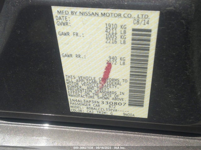 2015 NISSAN ALTIMA 2.5 S VIN: 1N4AL3AP3FN330807