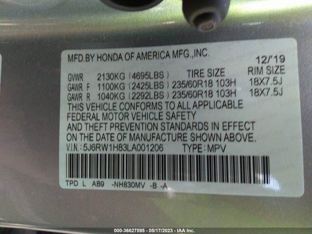 Honda Cr-v Ex-l 2020 5J6RW1H83LA001206 Image 10