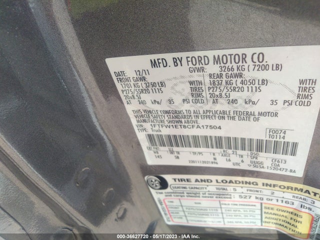 2012 FORD F-150 XL/XLT/FX4/LARIAT VIN: 1FTFW1ET8CFA17504