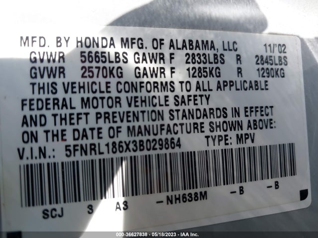 2003 HONDA ODYSSEY EX VIN: 5FNRL186X3B029864