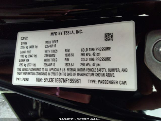 5YJ3E1EB7NF199961 Tesla Model 3 Long Range