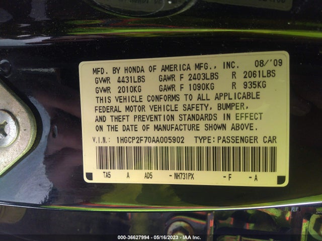 2010 HONDA ACCORD SDN EX VIN: 1HGCP2F70AA005902