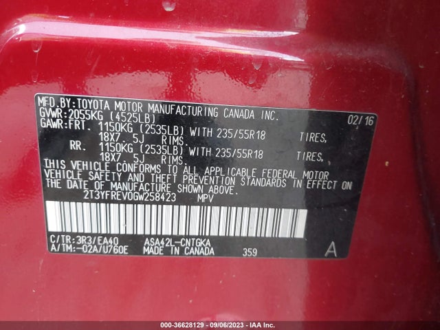 Toyota Rav4 Limited 2016 2T3YFREV0GW258423 Image 9