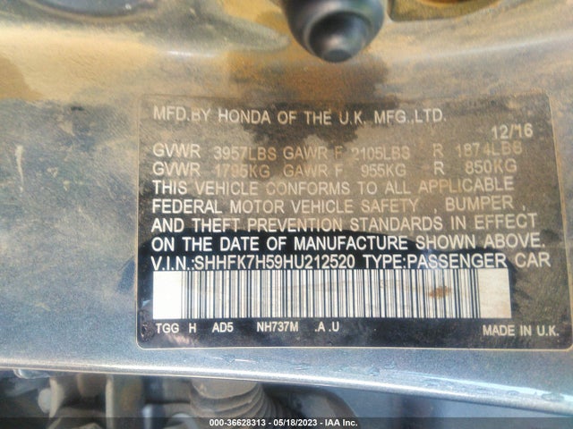 Honda CIVIC EX 2017 SHHFK7H59HU212520 Image 9