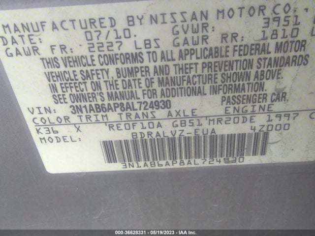 2010 NISSAN SENTRA 2.0 SL VIN: 3N1AB6AP8AL724930