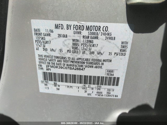 2007 FORD EDGE SEL PLUS VIN: 2FMDK39C07BA28847