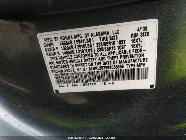 2009 HONDA ODYSSEY LX VIN: 5FNRL38259B055838