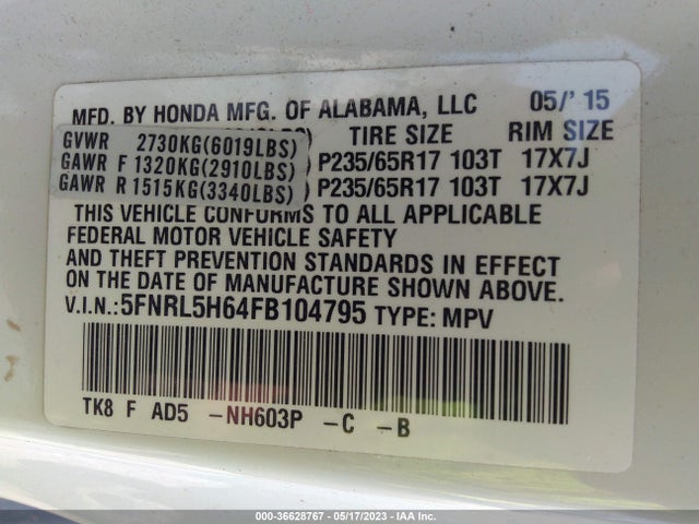 Honda Odyssey Ex-l 2015 5FNRL5H64FB104795 Image 11