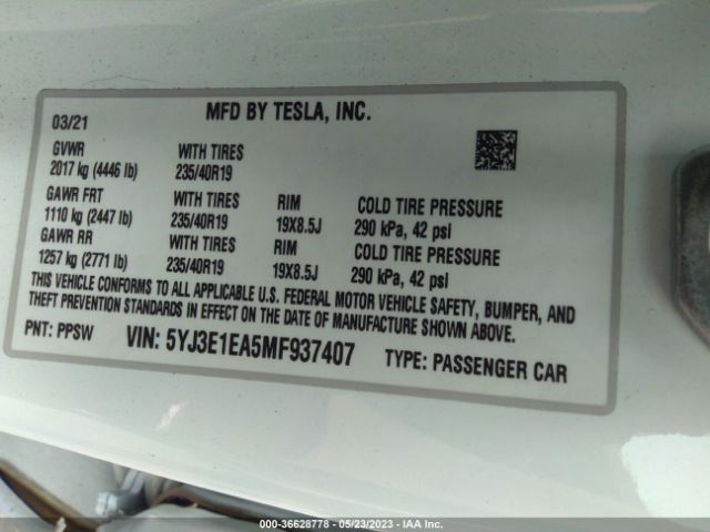 5YJ3E1EA5MF937407 Tesla Model 3 Standard Range Plus