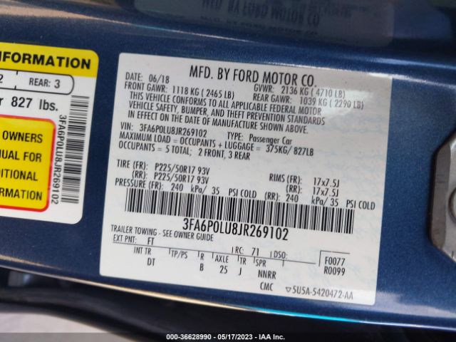 3FA6P0LU8JR269102 Ford Fusion Hybrid Se