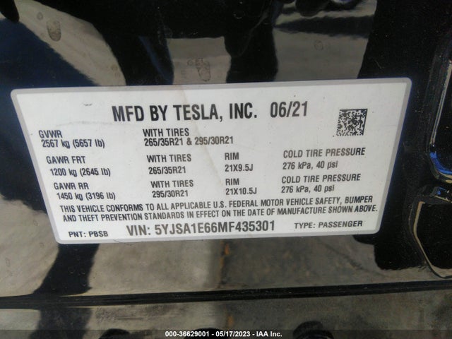 Tesla Model S Plaid 2021 5YJSA1E66MF435301 Image 11