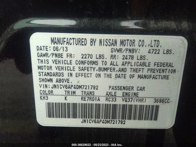 2013 INFINITI G37 SEDAN JOURNEY VIN: JN1CV6AP4DM721792