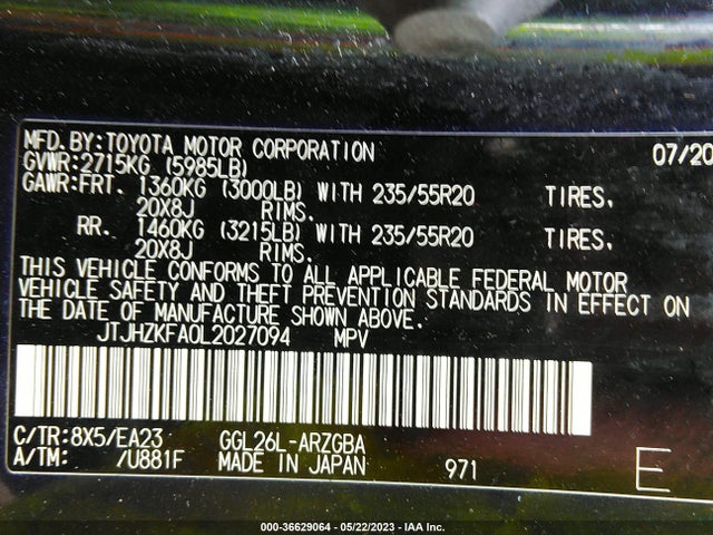 JTJHZKFA0L2027094 Lexus Rx Rx 350l