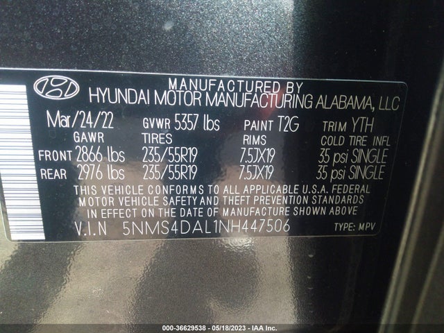 2022 HYUNDAI SANTA FE LIMITED VIN: 5NMS4DAL1NH447506