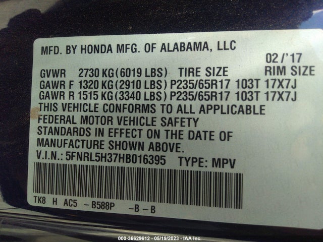 2017 HONDA ODYSSEY SE VIN: 5FNRL5H37HB016395