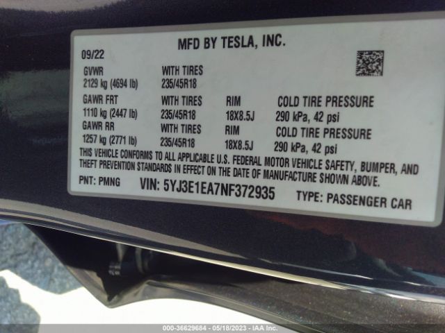 5YJ3E1EA7NF372935 Tesla MODEL 3