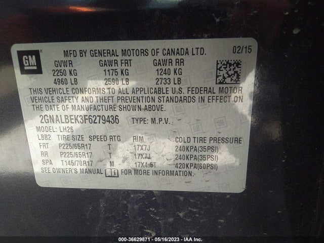 Chevrolet EQUINOX LT 2015 2GNALBEK3F6279436 Image 9