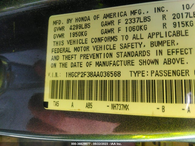 2010 HONDA ACCORD SDN LX VIN: 1HGCP2F38AA036568