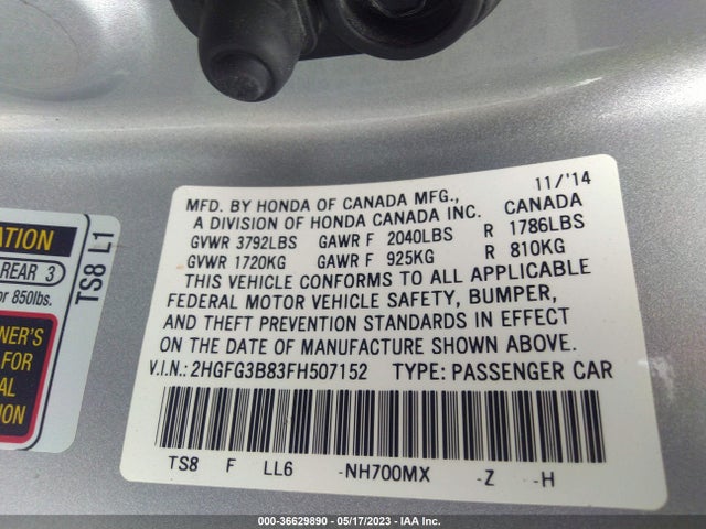 Honda Civic Coupe Ex 2015 2HGFG3B83FH507152 Image 9