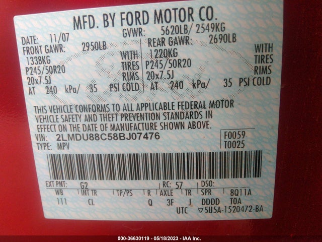 Aukcja sprzedaży 2008 Lincoln Mkx, vin: 2LMDU88C58BJ07476, numer aukcji: 36630119