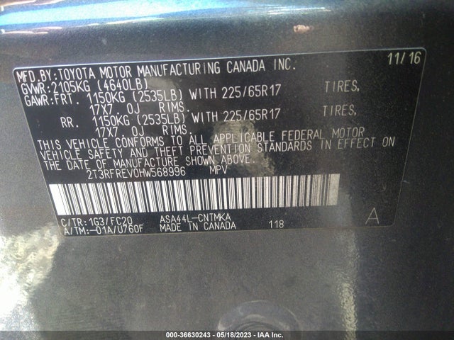 2017 TOYOTA RAV4 XLE VIN: 2T3RFREV0HW568996