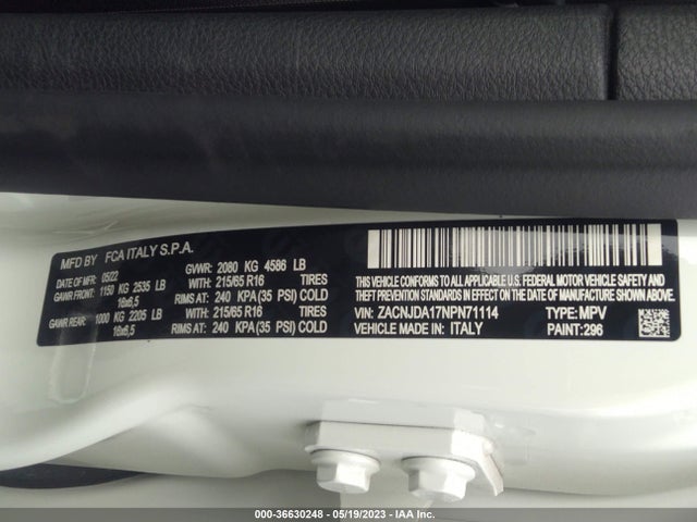 2022 JEEP RENEGADE SPORT VIN: ZACNJDA17NPN71114