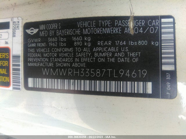 2007 MINI COOPER CONVERTIBLE S VIN: WMWRH33587TL94619