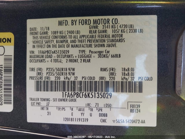 Ford MUSTANG GT 2019 1FA6P8CF6K5135029 Image 9
