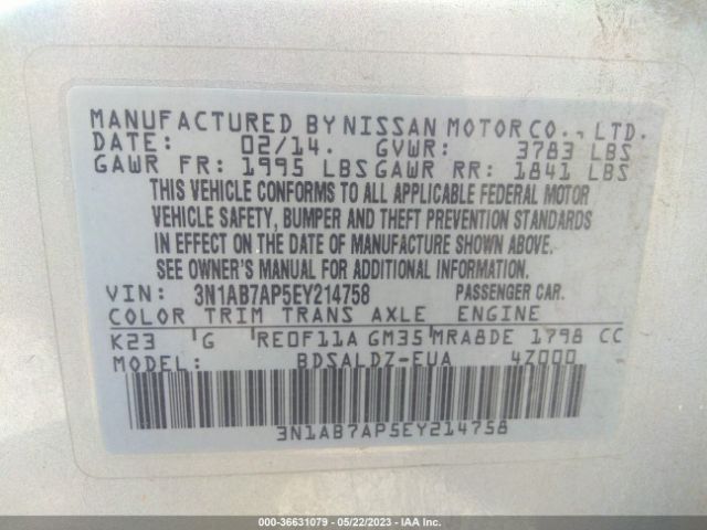 3N1AB7AP5EY214758 Nissan Sentra S/fe+ S/sv/fe+ Sv/sr/sl