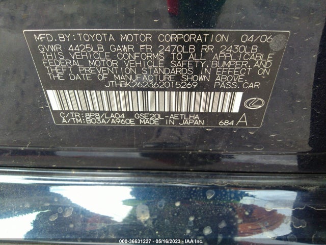 2006 LEXUS IS 250 MANUAL/AUTO VIN: JTHBK262362015269