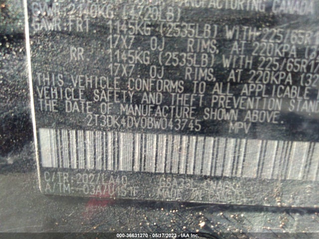 2011 TOYOTA RAV4 LTD VIN: 2T3DK4DV0BW043745