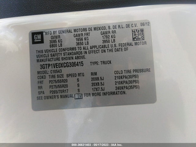 Aukcja sprzedaży 2012 Gmc Sierra 1500 Sle, vin: 3GTP1VE0XCG306415, numer aukcji: 36631403