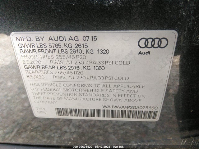 WA1WVAFP3GA025690 Audi Q5 Prestige