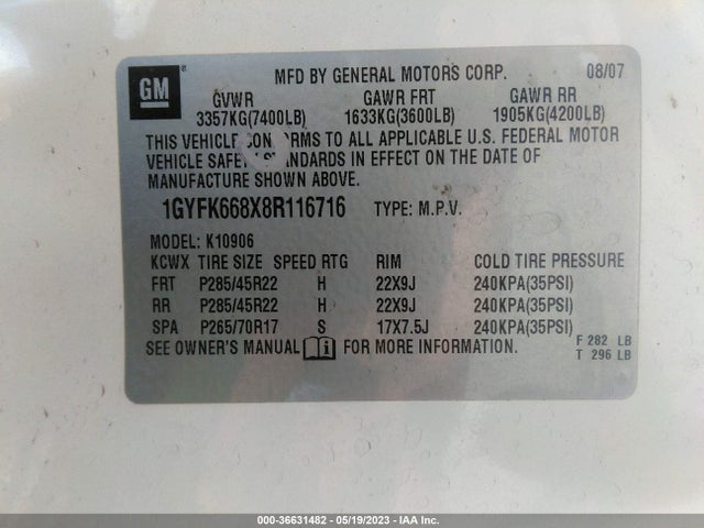Продаж на аукціоні авто 2008 Cadillac Escalade Esv, vin: 1GYFK668X8R116716, номер лоту: 36631482