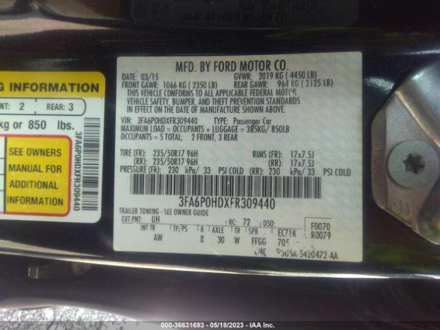 3FA6P0HDXFR309440 Ford FUSION SE